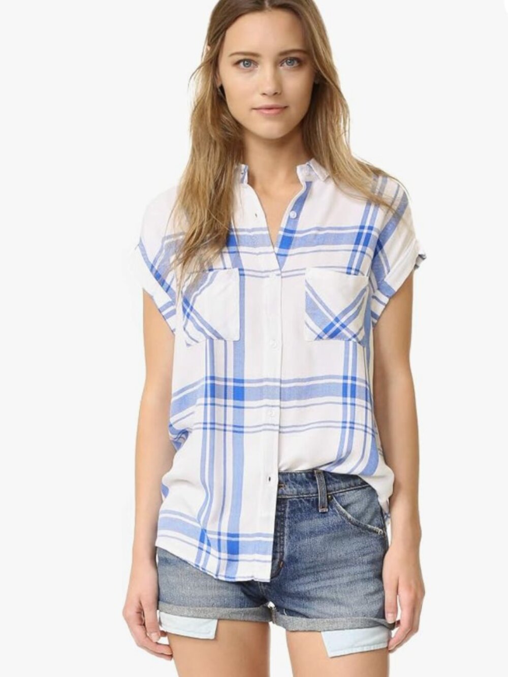 Rails Britt Plaid Button Up Shirt Blue White Roll Tab Size Small